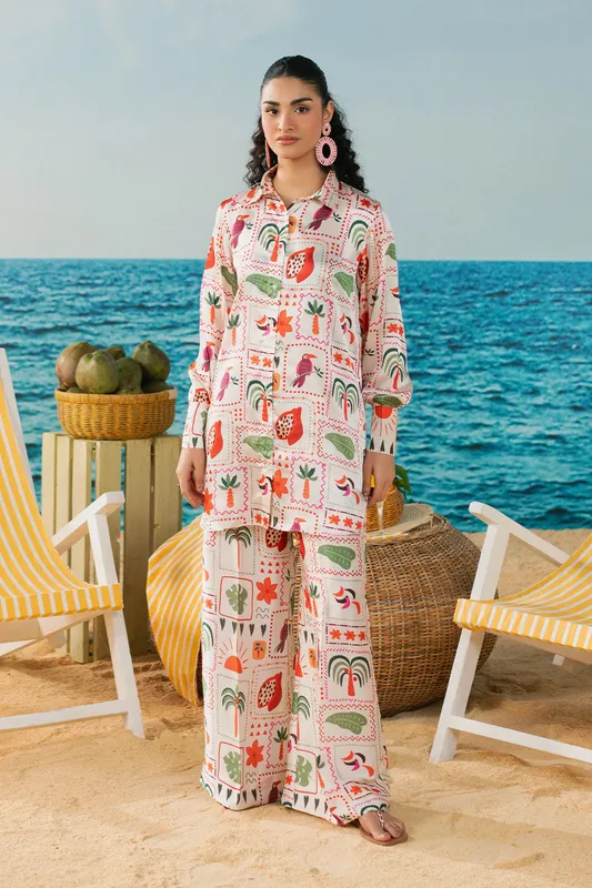 White silk set with shirt and straight pants, digital print – view 1 – Poshaq
