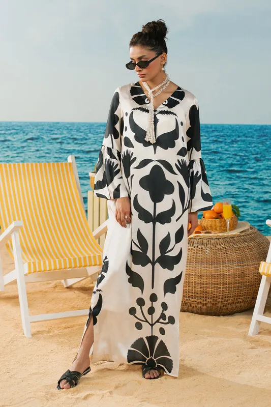 Off white silk dress with subtle digital print – view 1 – Poshaq