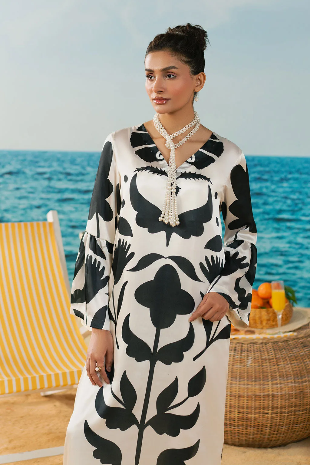 Off white silk dress with subtle digital print – view 3 – Poshaq