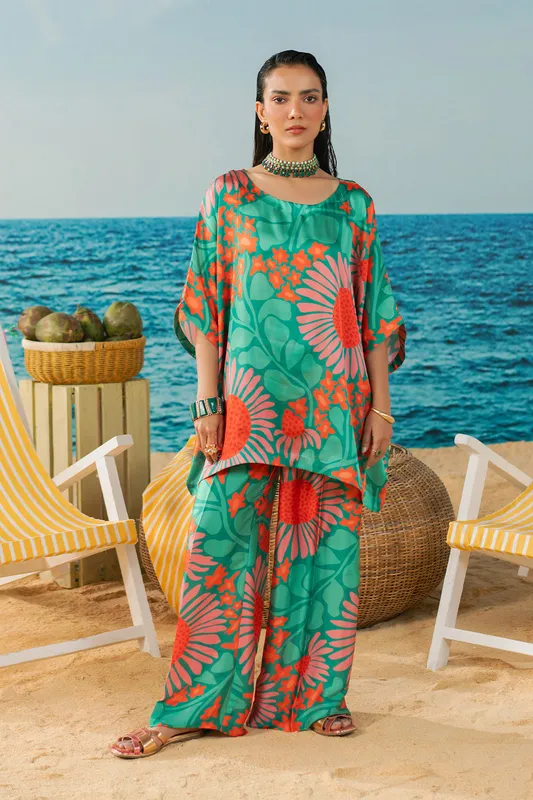 jade green silk suit with subtle print – view 1 – Poshaq