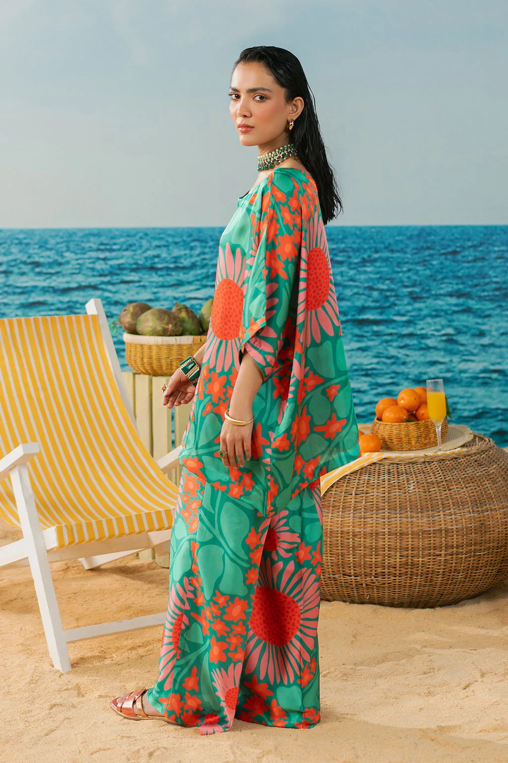 jade green silk suit with subtle print – view 2 – Poshaq