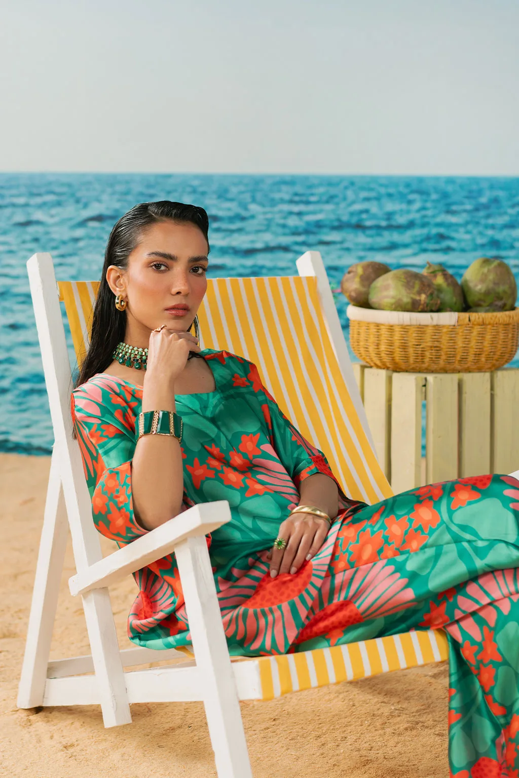jade green silk suit with subtle print – view 3 – Poshaq
