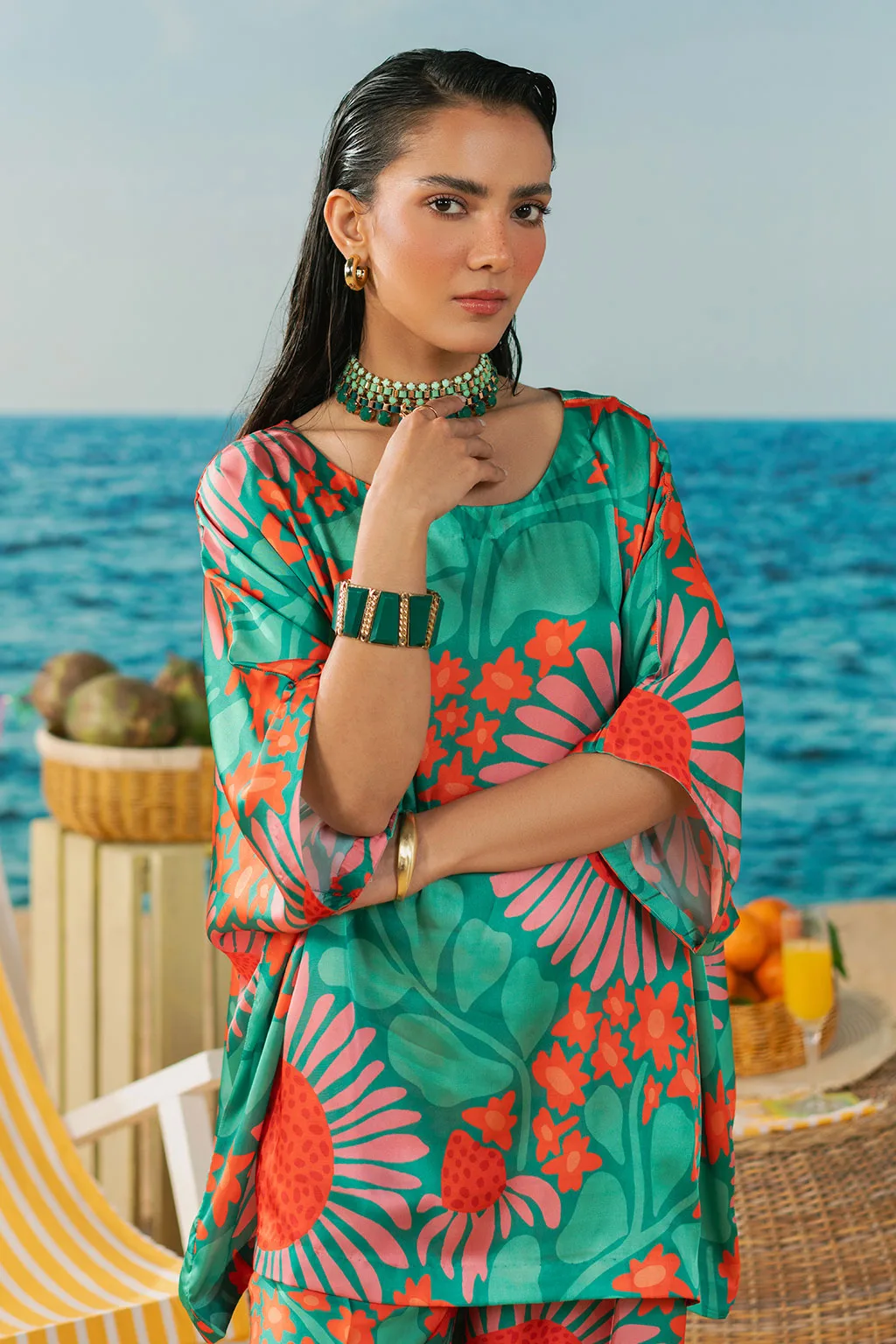 jade green silk suit with subtle print – view 4 – Poshaq