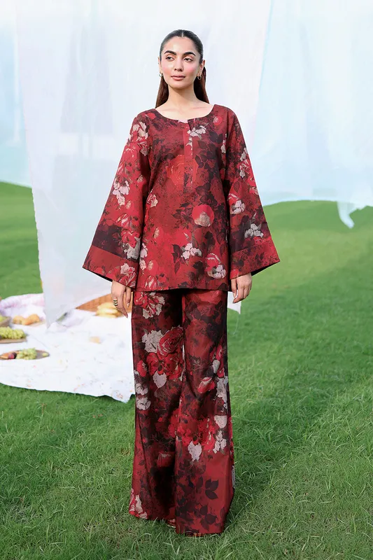 Maroon two‑piece lawn set with printed design – view 1 – Poshaq