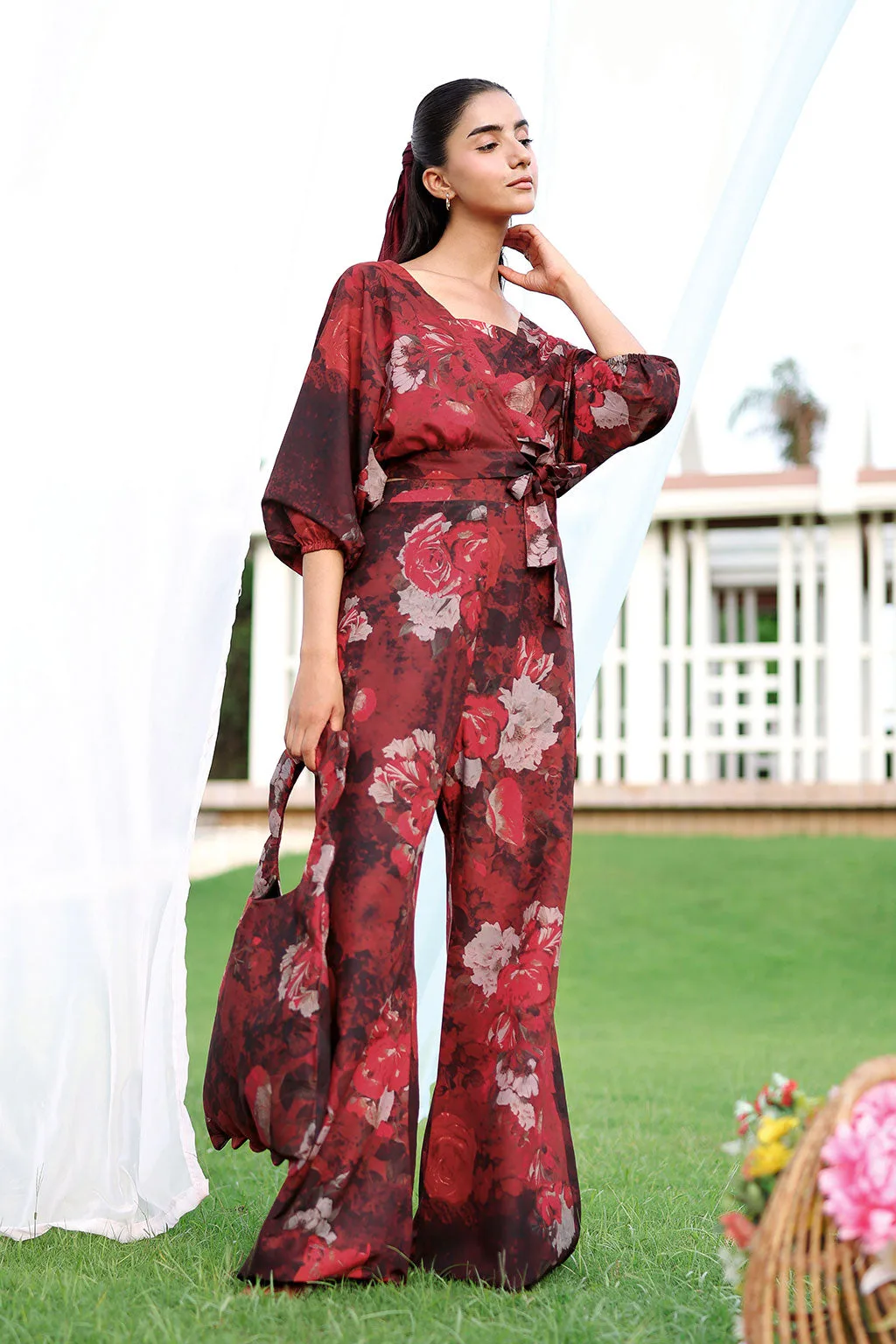 Maroon lawn two‑piece set with printed top and matching trousers – view 1 – Poshaq