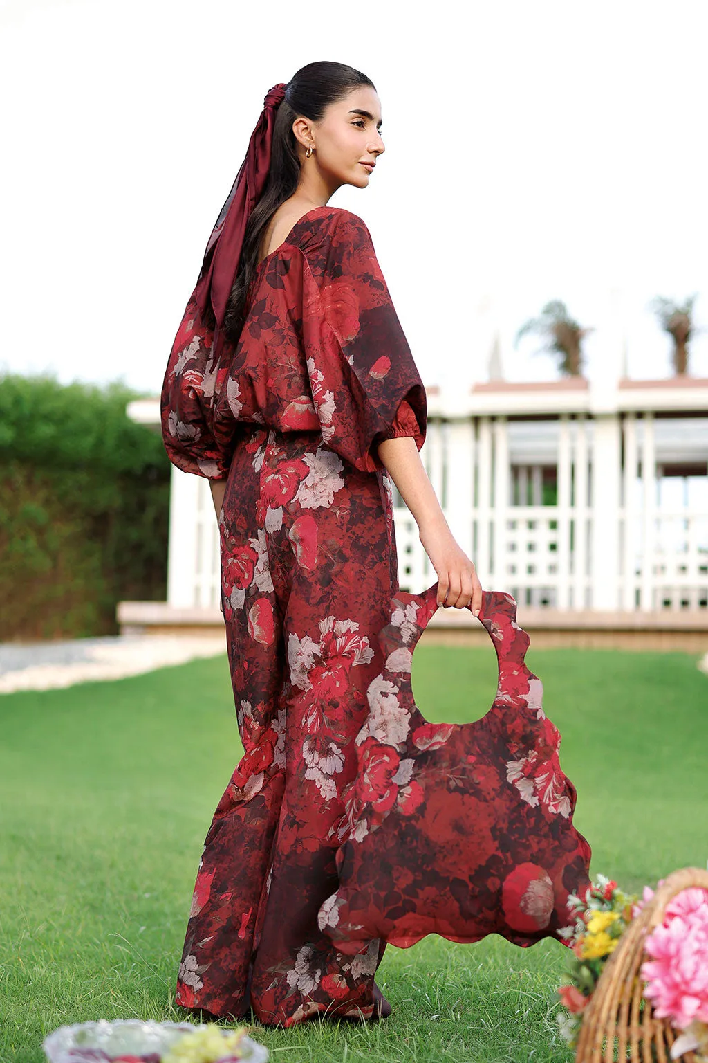 Maroon lawn two‑piece set with printed top and matching trousers – view 2 – Poshaq