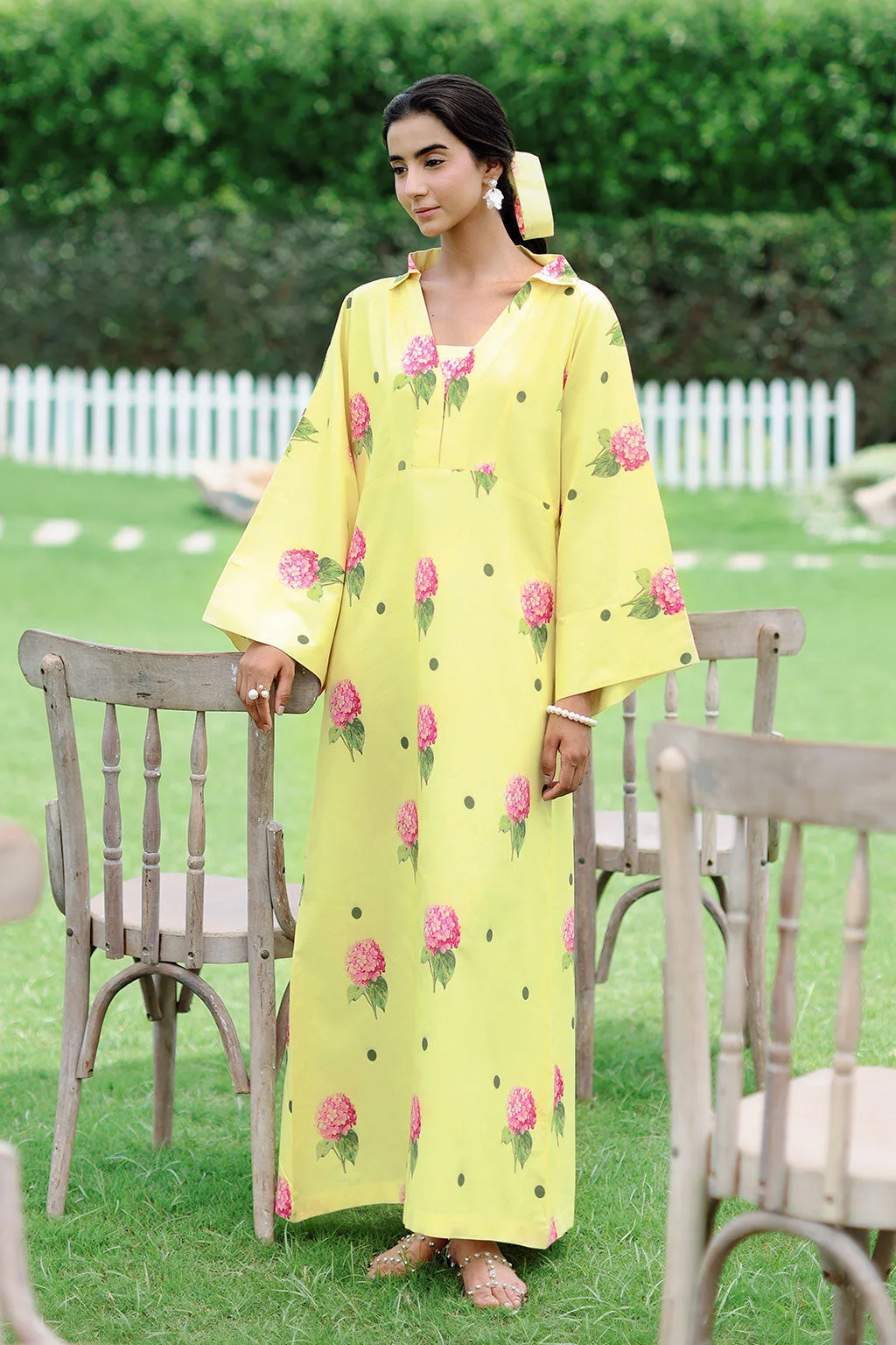 Lemon yellow lawn long shirt with floral print and matching trousers – view 2 – Poshaq
