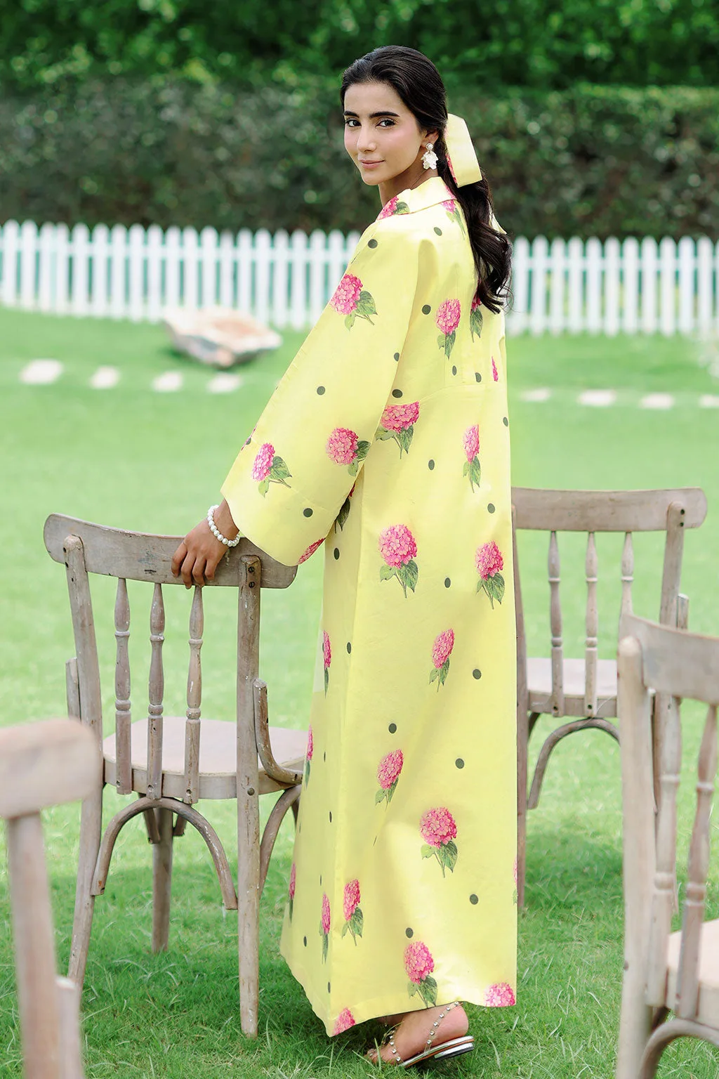 Lemon yellow lawn long shirt with floral print and matching trousers – view 4 – Poshaq