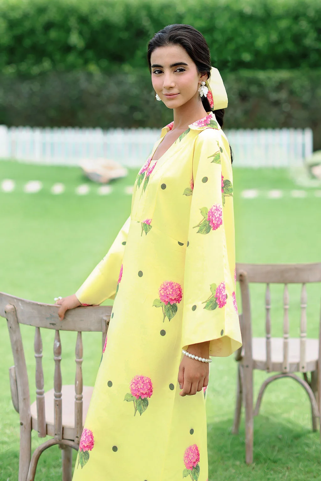 Lemon yellow lawn long shirt with floral print and matching trousers – view 6 – Poshaq