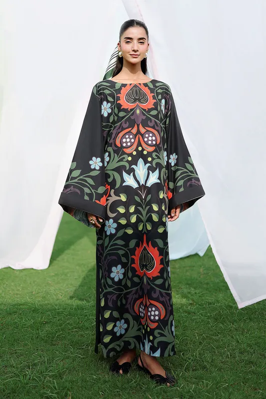 Black lawn kaftan with printed design – view 1 – Poshaq