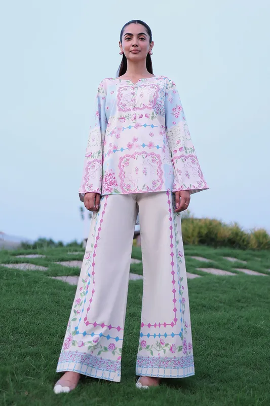 Lilac lawn two‑piece set with printed top and matching trousers – view 1 – Poshaq