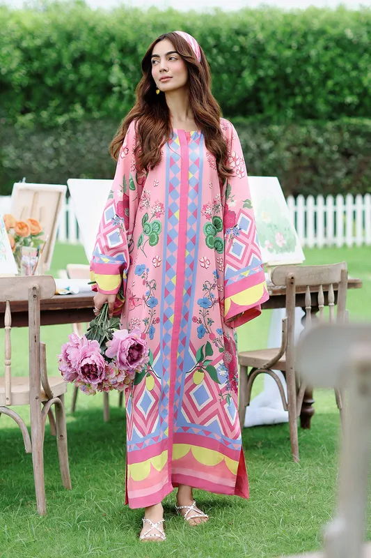 Pink lawn kaftan with vibrant printed pattern – view 1 – Poshaq