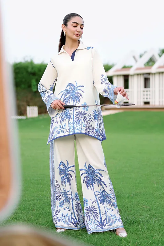 Off white lawn co‑ord set with printed top and trousers – view 1 – Poshaq