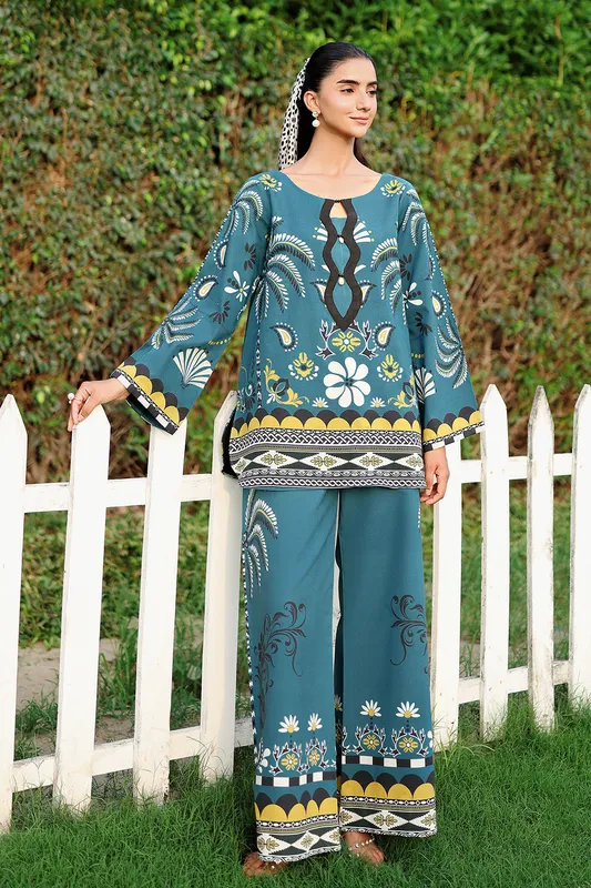 Teal blue lawn 2-piece set with relaxed fit – view 1 – Poshaq