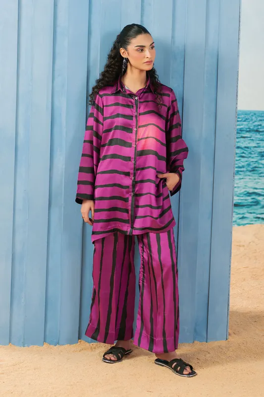 Purple silk shirt and straight pants set with digital print – view 1 – Poshaq