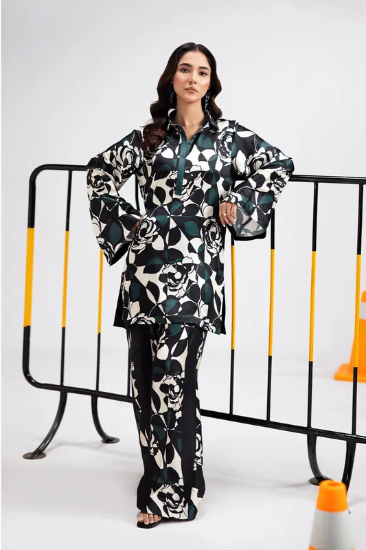 Deep olive green silk printed suit with shirt and straight trousers – view 1 – Poshaq