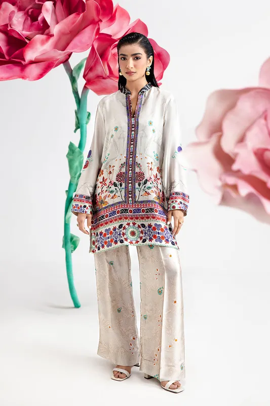 Pearl white silk shirt and straight pants set – view 1 – Poshaq