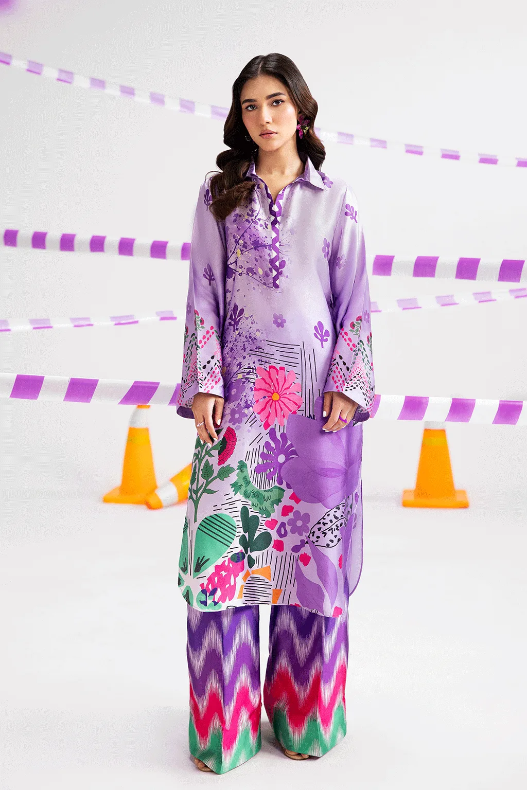 Lavender silk extended shirt with subtle digital print – view 1 – Poshaq