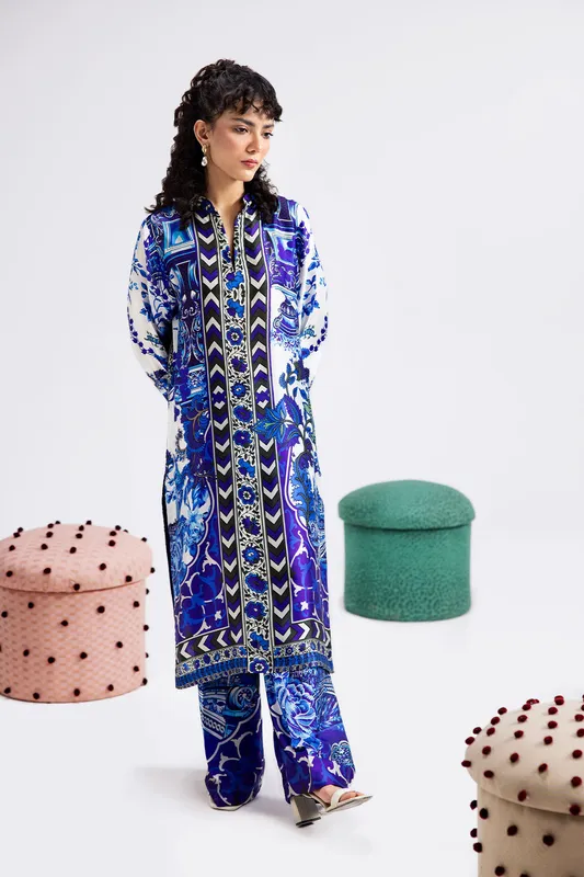 Blue silk shirt with subtle digital print by Afsanah – view 1 – Poshaq