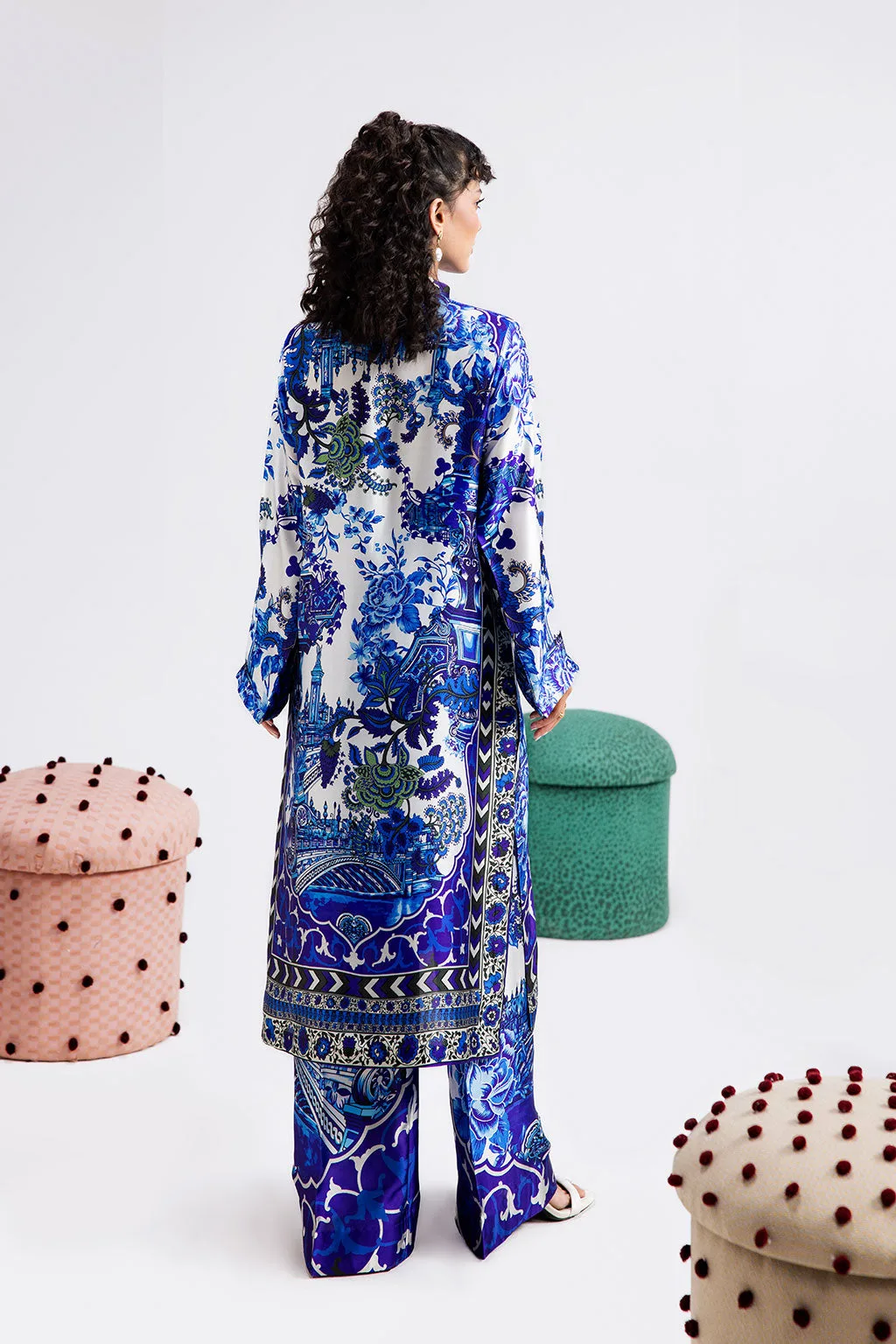 Blue silk shirt with subtle digital print by Afsanah – view 2 – Poshaq