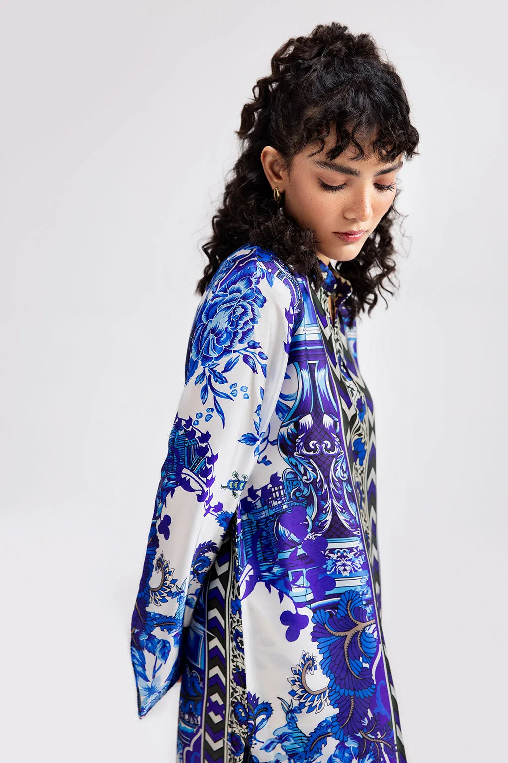 Blue silk shirt with subtle digital print by Afsanah – view 3 – Poshaq