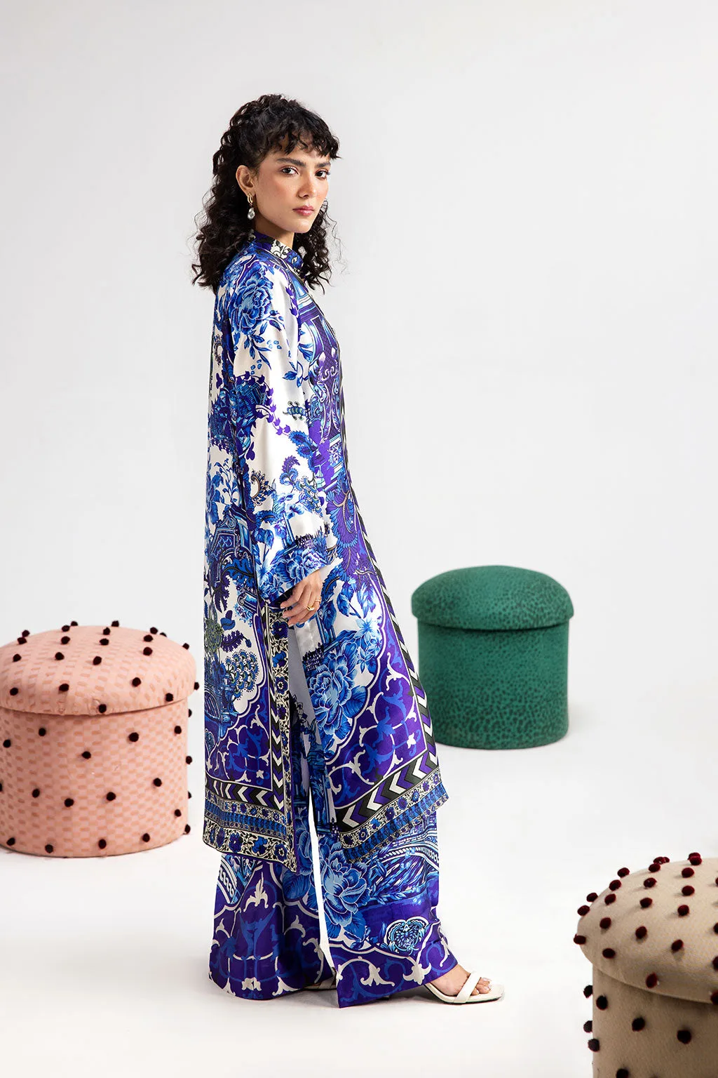 Blue silk shirt with subtle digital print by Afsanah – view 4 – Poshaq