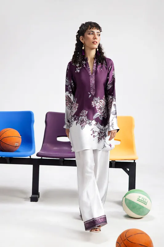 Deep violet silk printed shirt and straight trousers set – view 1 – Poshaq