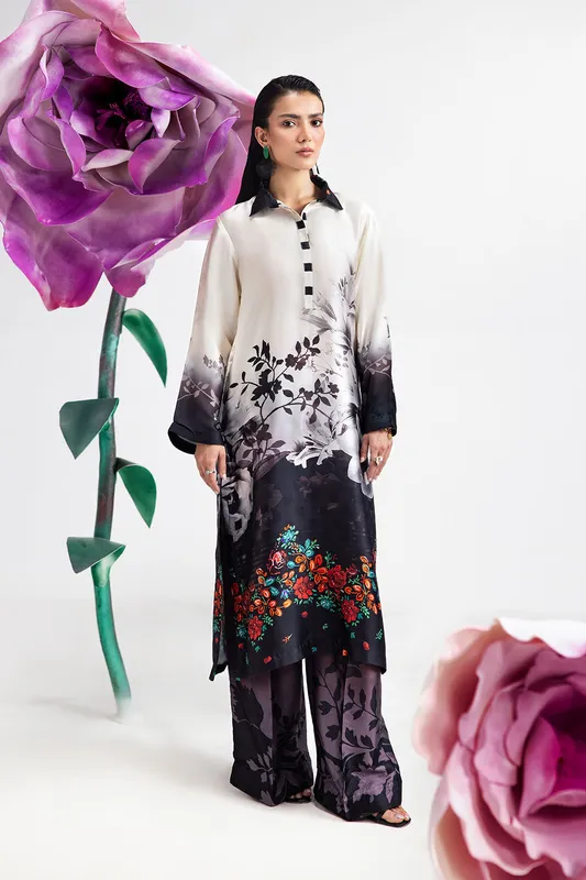 Milk white silk shirt with matching straight pants – view 1 – Poshaq