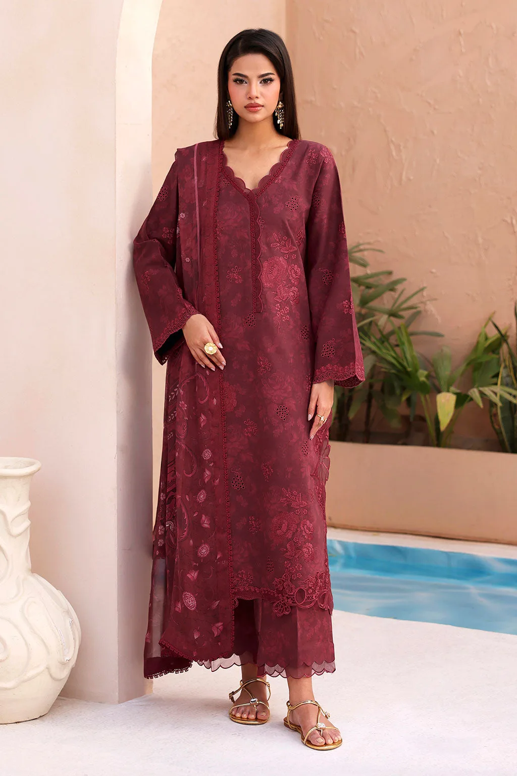 Maroon three‑piece suit with organza shirt, chiffon dupatta and lawn trouser – view 1 – Poshaq