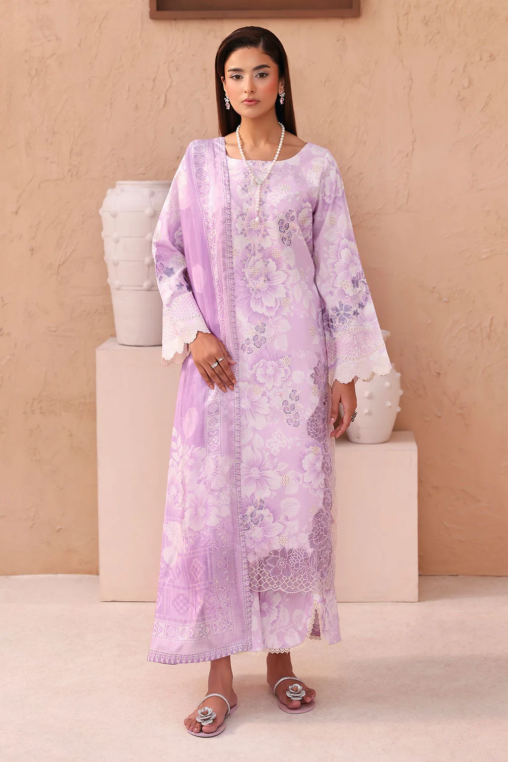 Lilac long shirt with subtle embroidery and digital print – view 1 – Poshaq