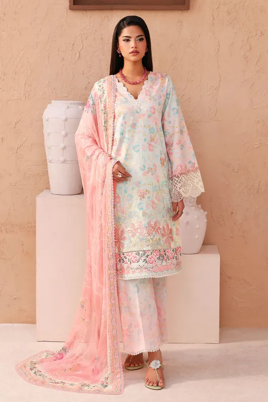 Ivory three‑piece suit with chiffon shirt, organza dupatta and lawn trouser – view 1 – Poshaq