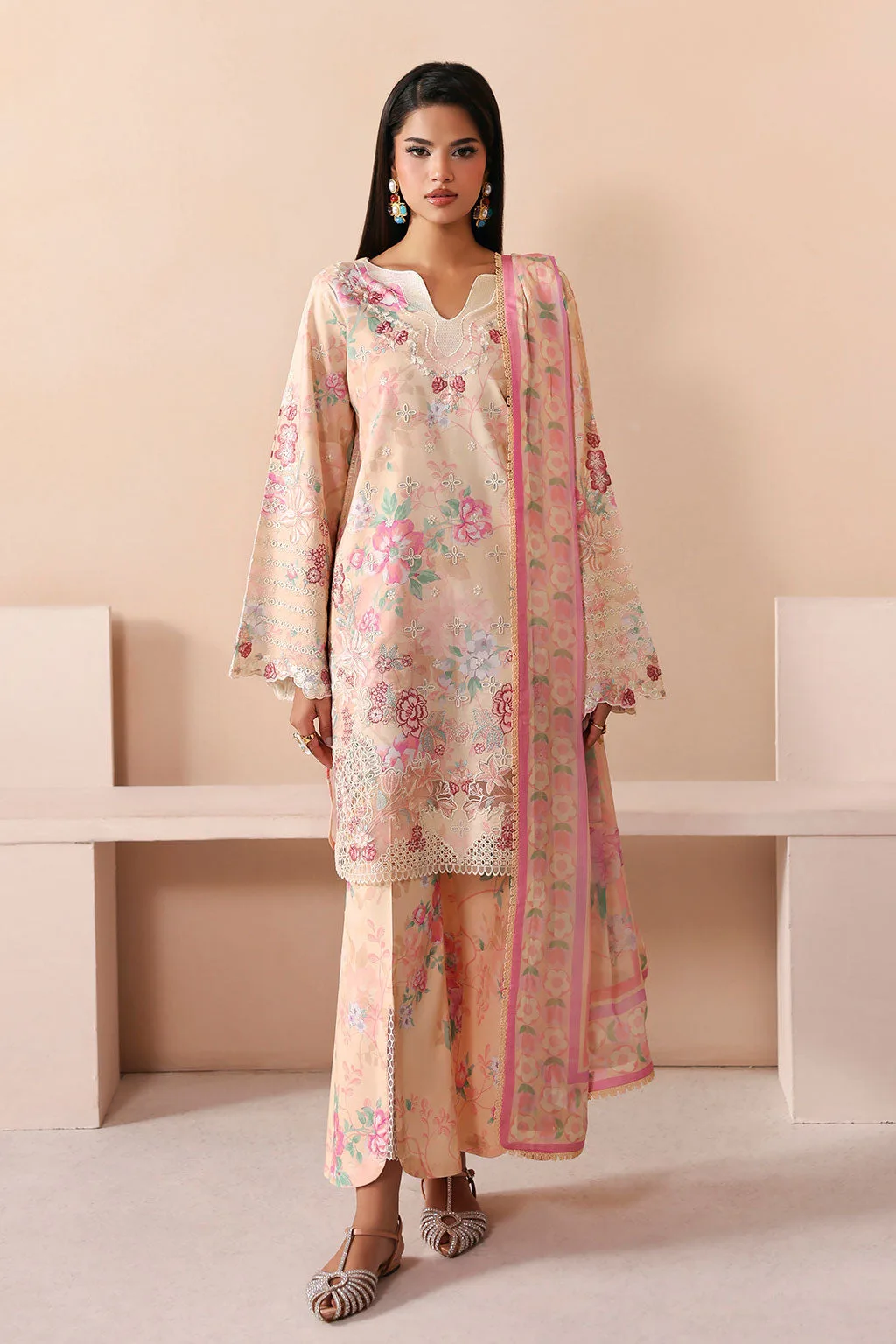 Peach organza chiffon suit with embroidered details – view 1 – Poshaq