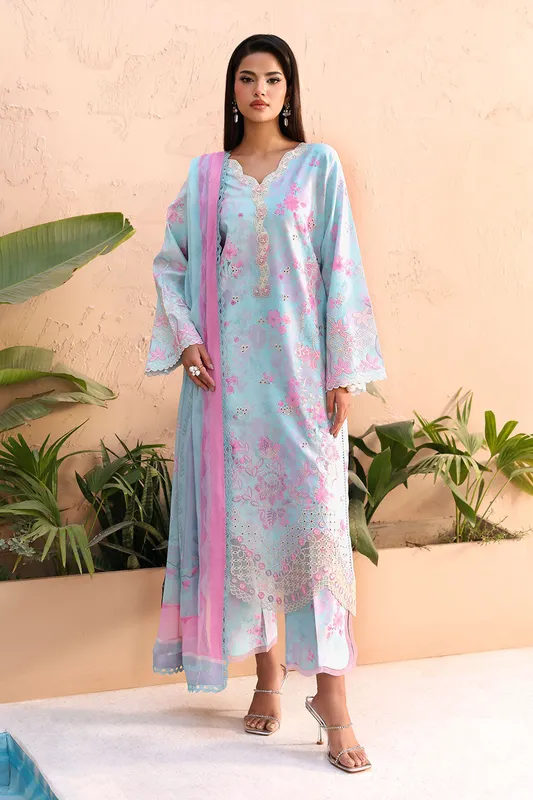 Sky blue long shirt with embroidered neckline and sleeves – view 1 – Poshaq