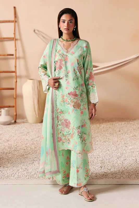 Pastel mint organza dress with chiffon sleeves and lawn shirt detail – view 1 – Poshaq