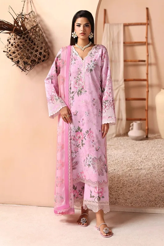 Rose pink long shirt with organza and lawn details – view 1 – Poshaq