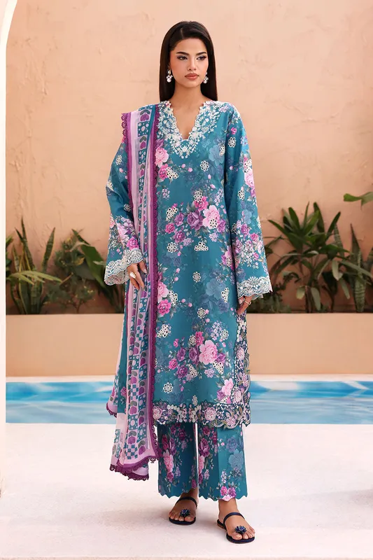 Teal blue three‑piece outfit with organza top, chiffon shirt and lawn dupatta – view 1 – Poshaq
