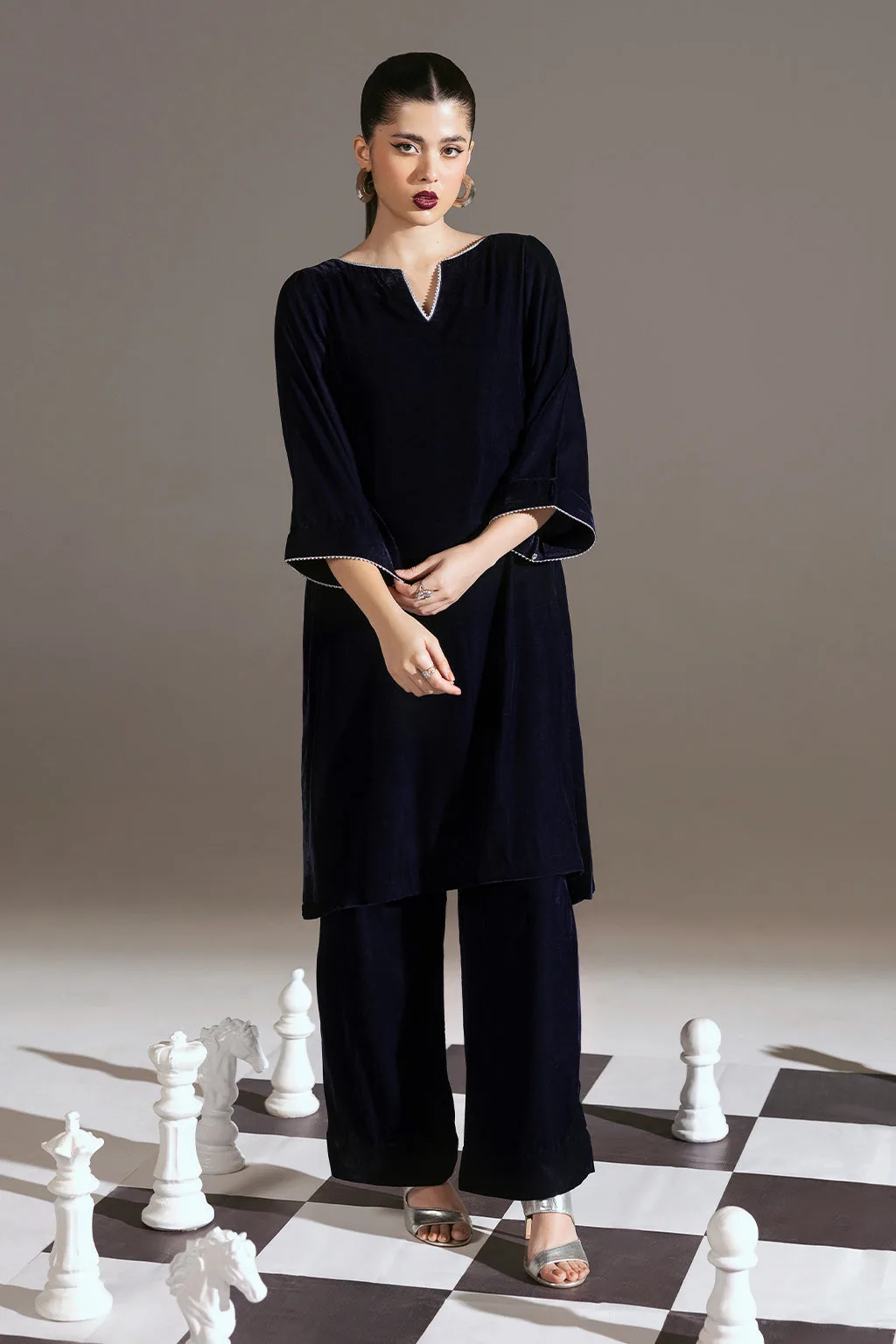 Black velvet ladies set with sleek shirt and trousers – view 1 – Poshaq