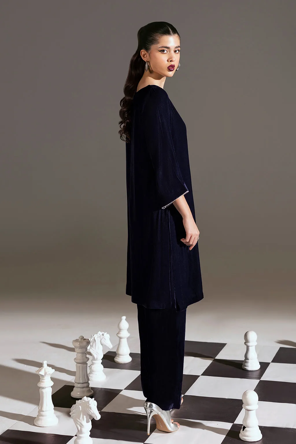 Black velvet ladies set with sleek shirt and trousers – view 2 – Poshaq