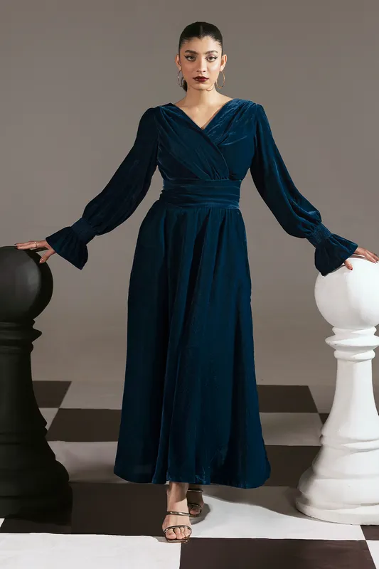 Zinc velvet dress with overlap neckline and waist belt – view 1 – Poshaq