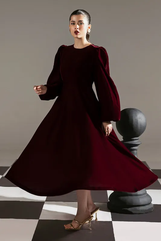 dark maroon velvet dress with puff sleeves – view 1 – Poshaq