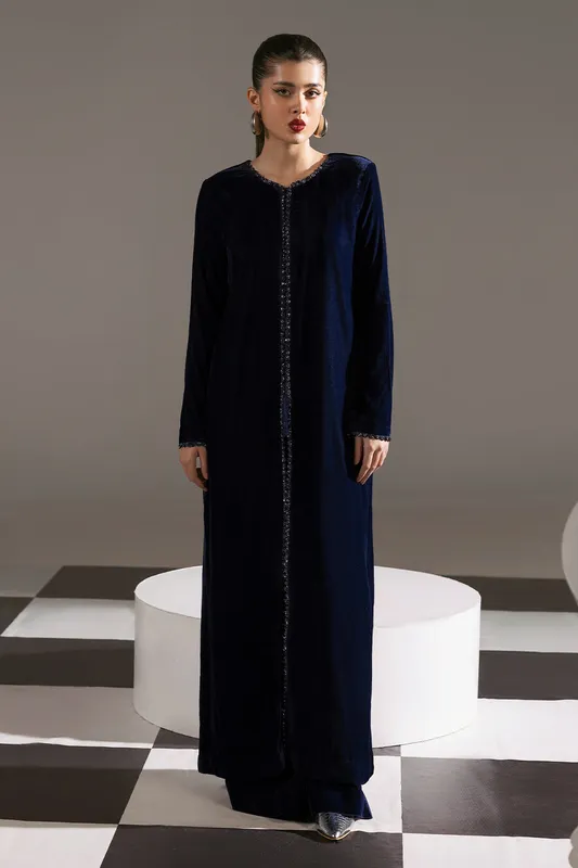 Navy blue velvet long shirt with round neckline and front slit – view 1 – Poshaq
