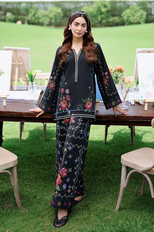 Black lawn co‑ord set with printed top and trousers – view 1 – Poshaq