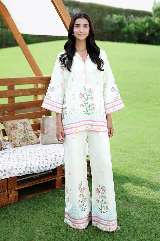 Ivory 2‑piece lawn set with subtle print – view 1 – Poshaq