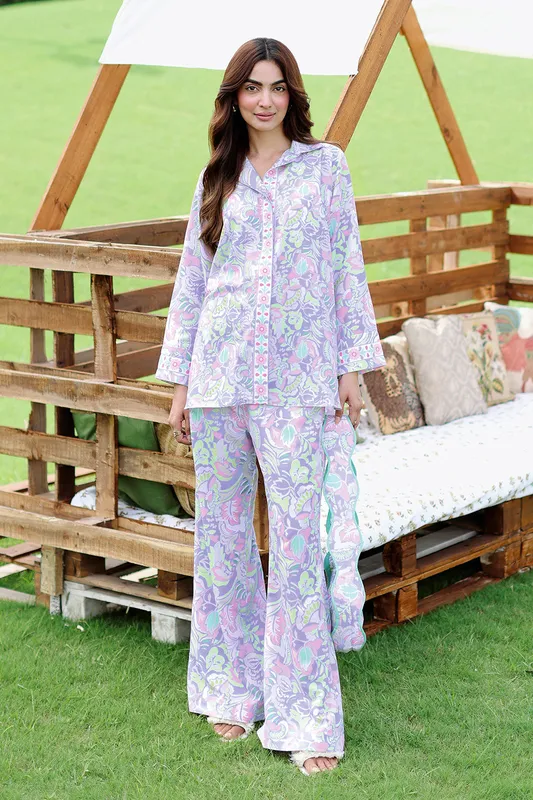 Light lavender lawn two‑piece set with printed trousers and matching top – view 1 – Poshaq