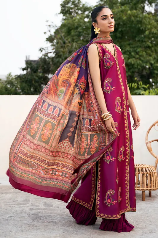 Magenta silk three‑piece set with embroidered shirt and printed dupatta – view 1 – Poshaq