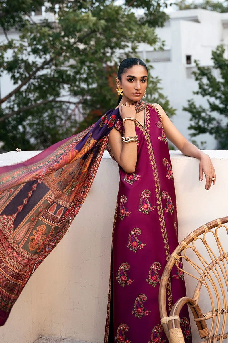 Magenta silk three‑piece set with embroidered shirt and printed dupatta – view 2 – Poshaq