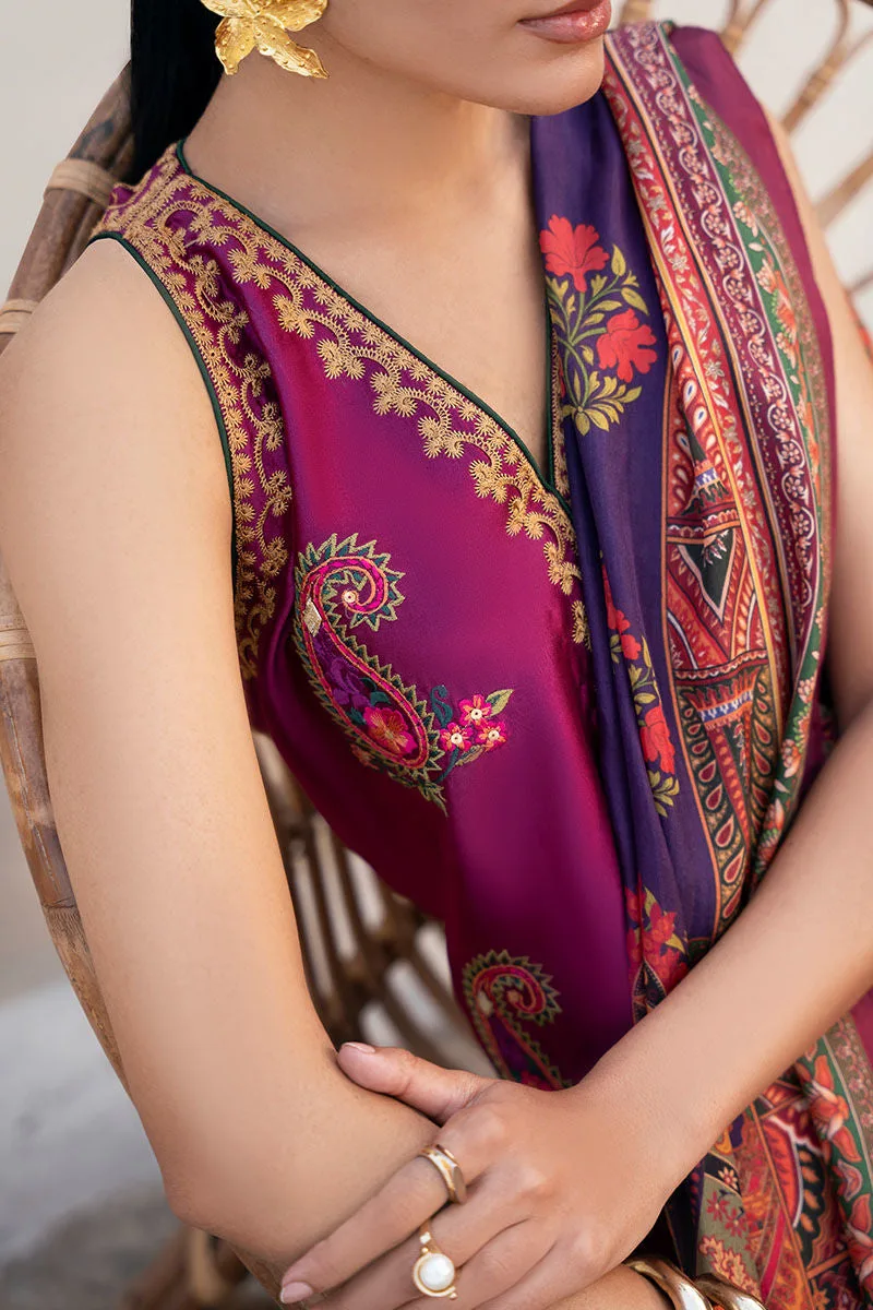 Magenta silk three‑piece set with embroidered shirt and printed dupatta – view 3 – Poshaq