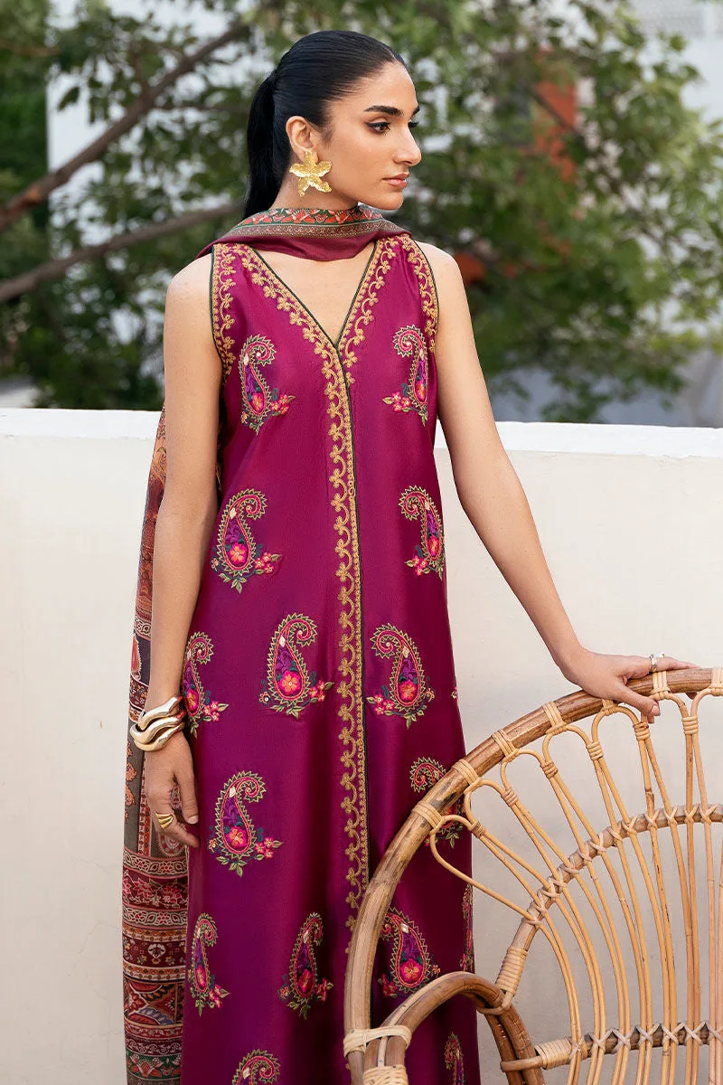 Magenta silk three‑piece set with embroidered shirt and printed dupatta – view 4 – Poshaq