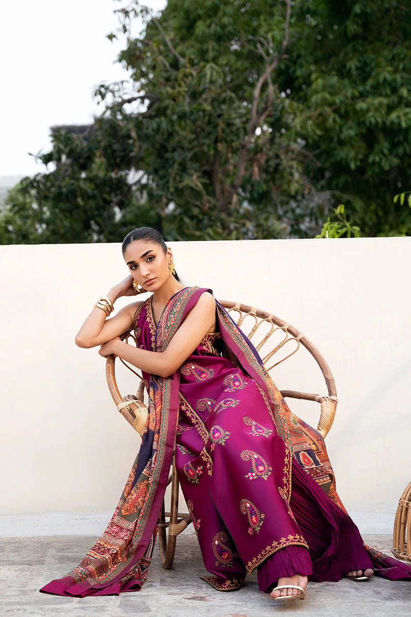 Magenta silk three‑piece set with embroidered shirt and printed dupatta – view 5 – Poshaq