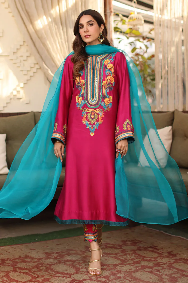 Fuchsia pink organza suit with long shirt, trousers and dupatta – view 1 – Poshaq